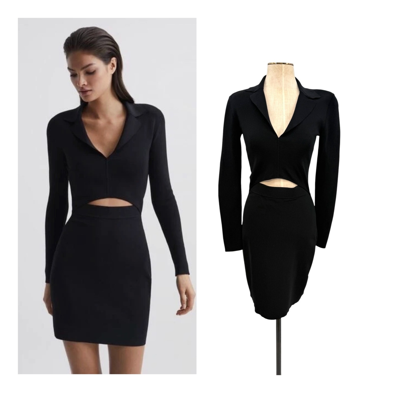 Reiss Freya Cutout Knit Dress Black Collared Long Sleeve Bodycon Size Small